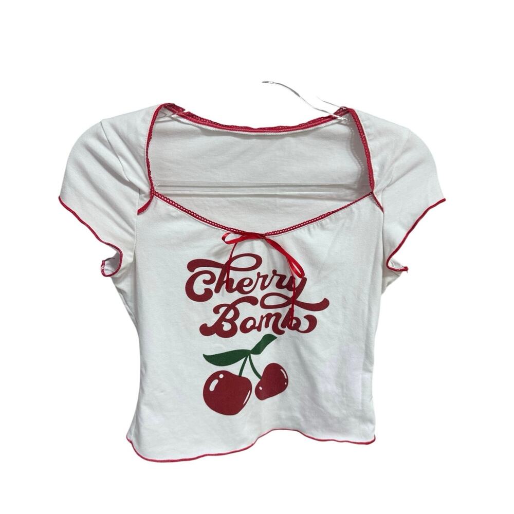 ROMWE Cherry Graphic Baby Tee Y2K Coquette Contrast Stitch Crop Top white